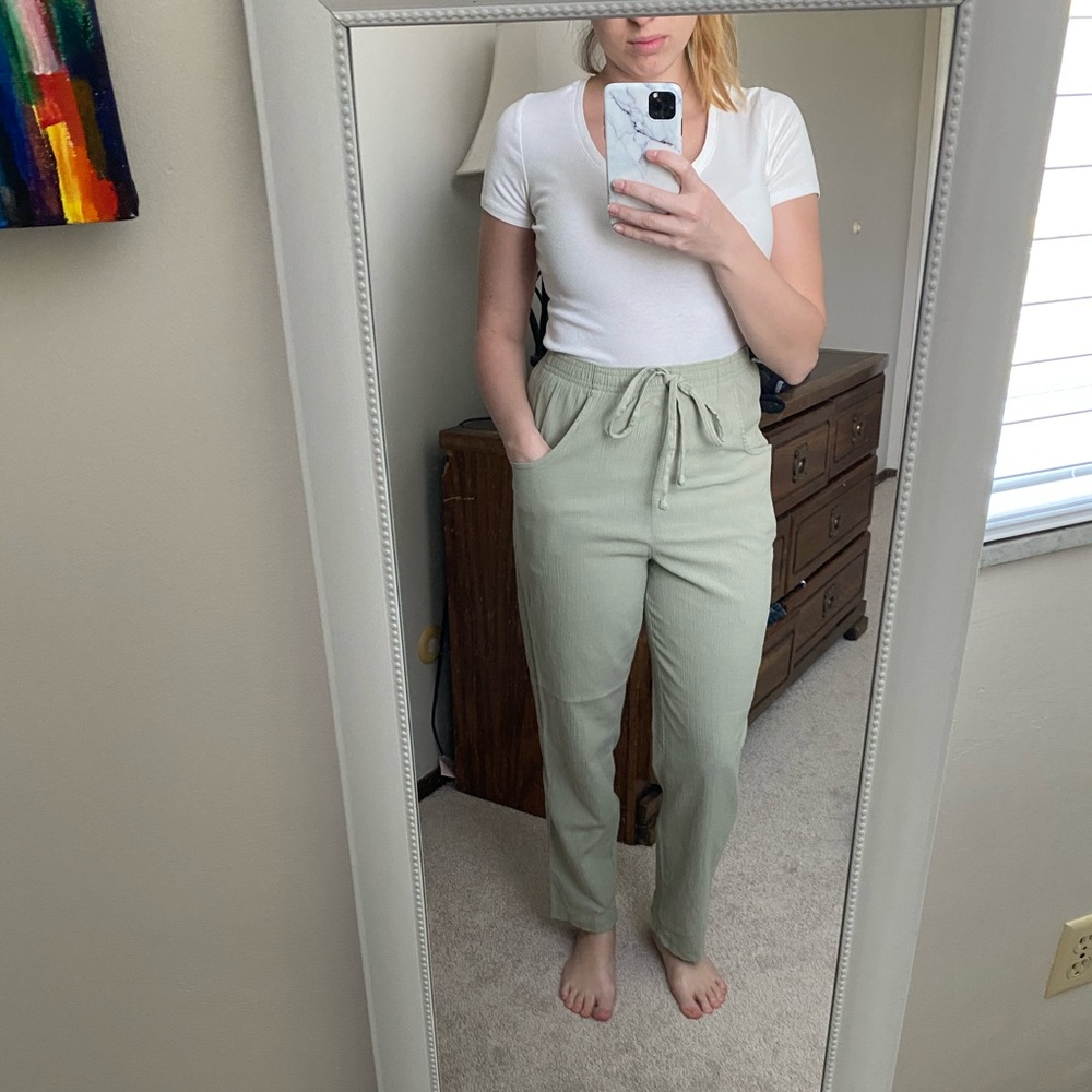 Green textures high waisted drawstring pants